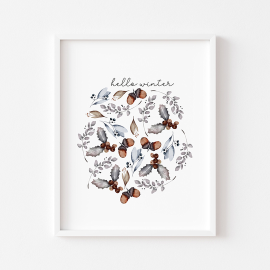 Hello Winter Watercolour Circle Illustration Brown+Grey Foliage Style Unframed Print|Christmas Prints|xmas Decor|Seasonal Art
