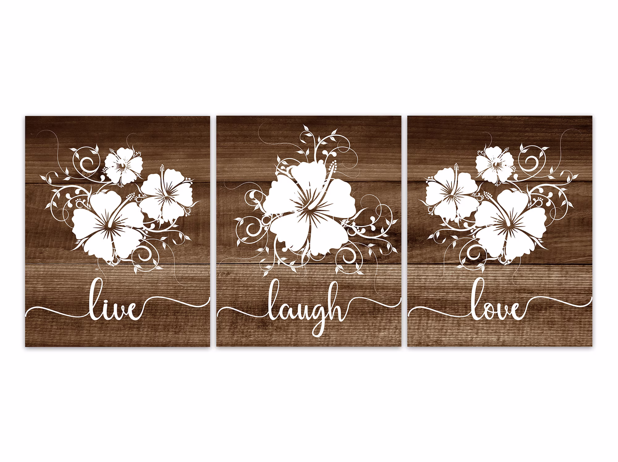 Live Laugh Love Canvas, Brown & White Hibiscus Art, Rustic Decor, Bathroom Wall Bedroom Hangings - Home873
