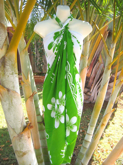 Hawaiian Design Green & White Plumeria Flower Sarong Cover-Up Floral Pareo Wrap Skirt Dress