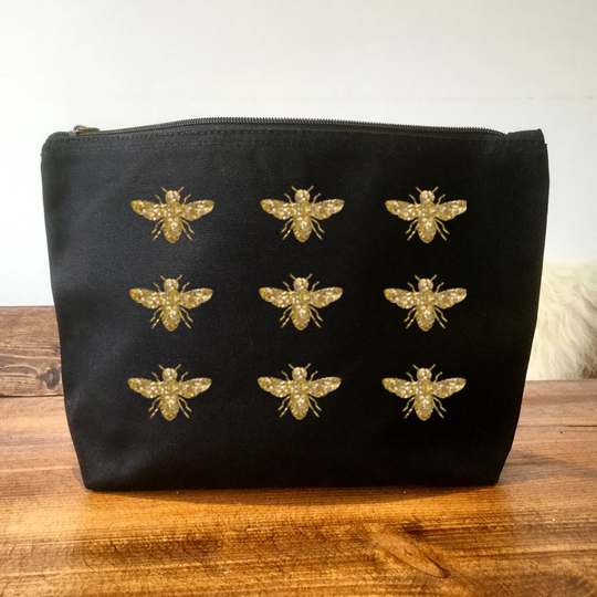Bee Cosmetic Bag, Black Organic Canvas Makeup Bag