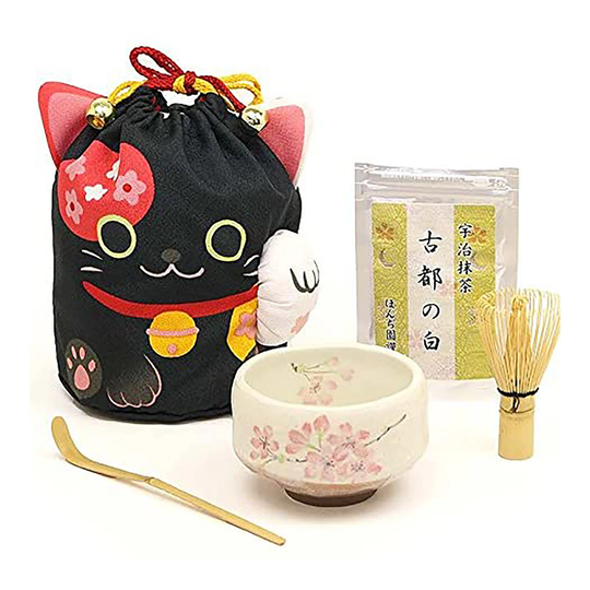 Japanese Matcha Tea Set, Powder, Whisk, Bowl, Scoop, Lucky Cat Purse