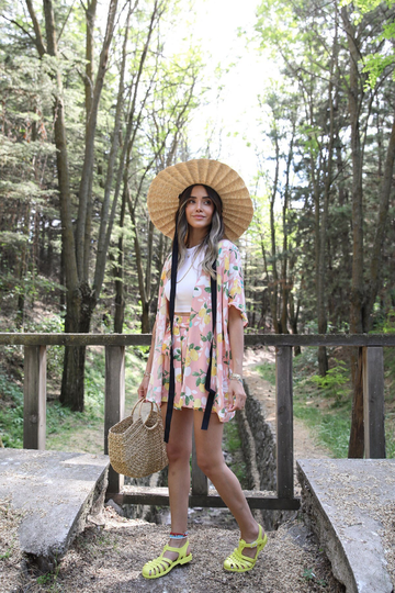 Powder Lemon Patterned Shorts Set.kimono Shorts Suit Ladies. Casual Two Piece Outfit With Loose Blouse.kimono Set, Lounge Wear