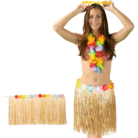 2 x Hawaiian Skirt, Colorful Hibiscus Flower, With Zip, Unisex, 50 cm, Natural - Relaxdays