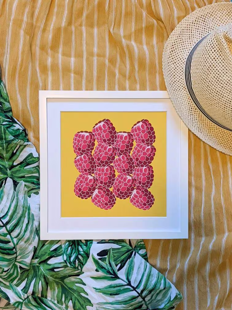 Raspberries Yellow Art Print, Archival Fine Seasonal Print