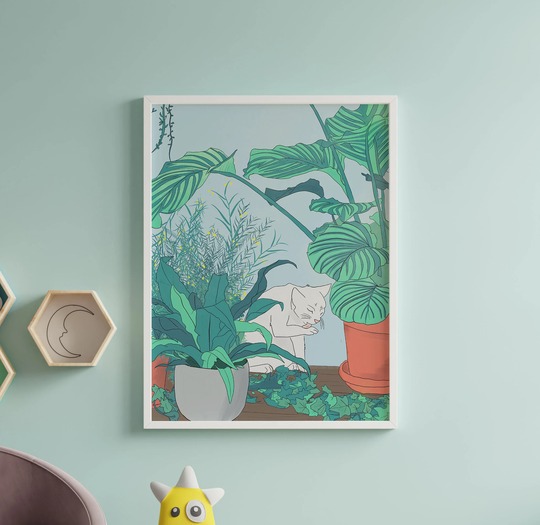 House Plant Cat Wall Art Decor Print | Lofi Anime Aesthetic Room
