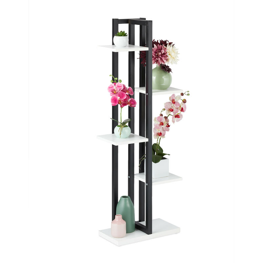 Metal Flower Stand, 5-Tier Indoor Pot Shelf Ladder, Wooden Look, HxWxD: 117 x 43 x 22 cm, Plant Rack, White - Relaxdays