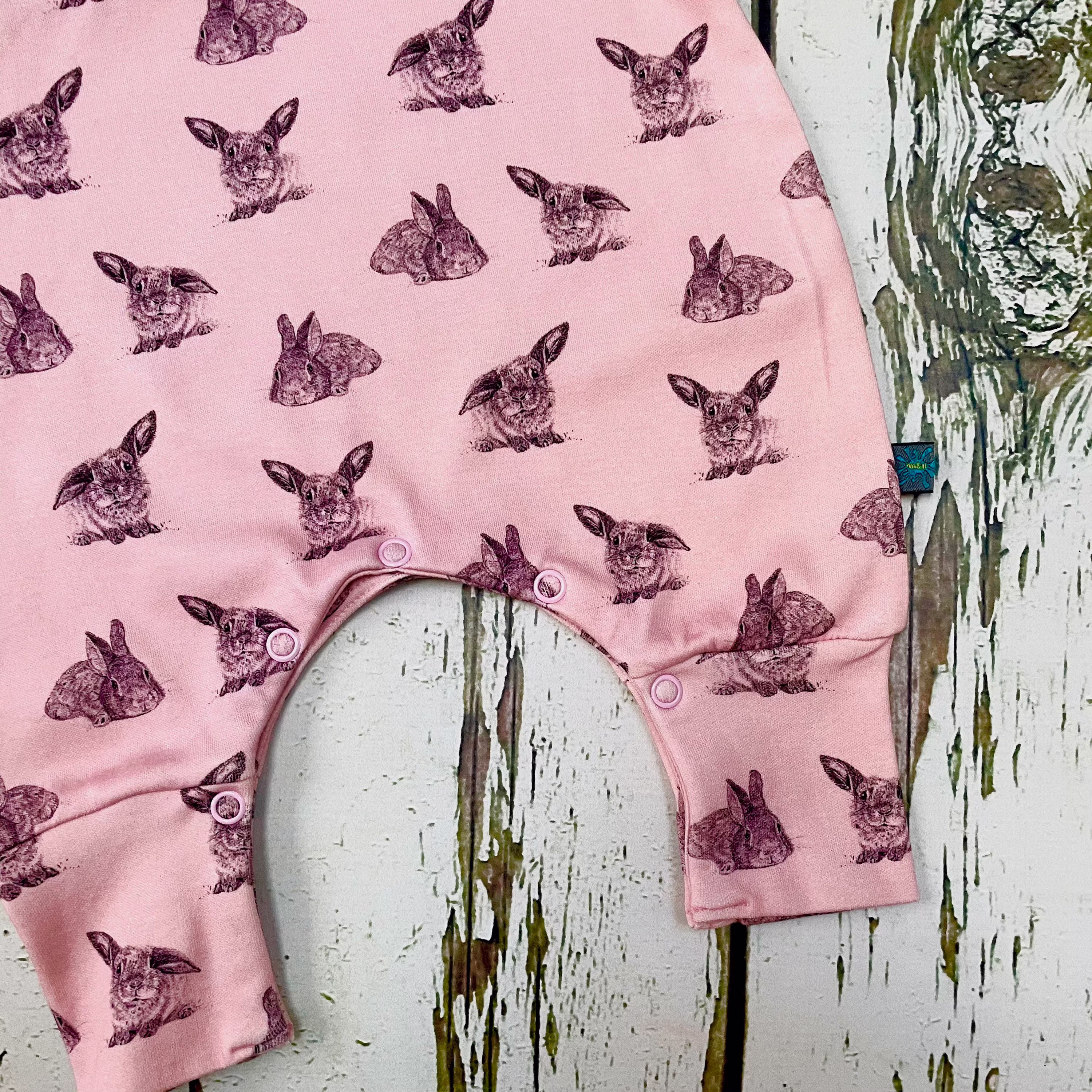 Ready To Ship Organic Pink Bunnies Romper, Baby Clothes, Girls Dungarees, Bunnies, Easter