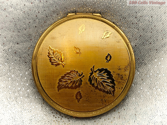 stratton -Leaves-Gold Tone Vintage Ladies Powder Compact -8cm