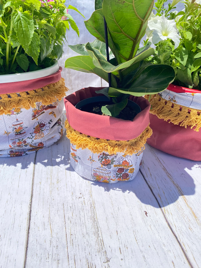 Fabric Planter Cover | Canvas Boho Collapsible Cover| Reversible Fall Flower Pot