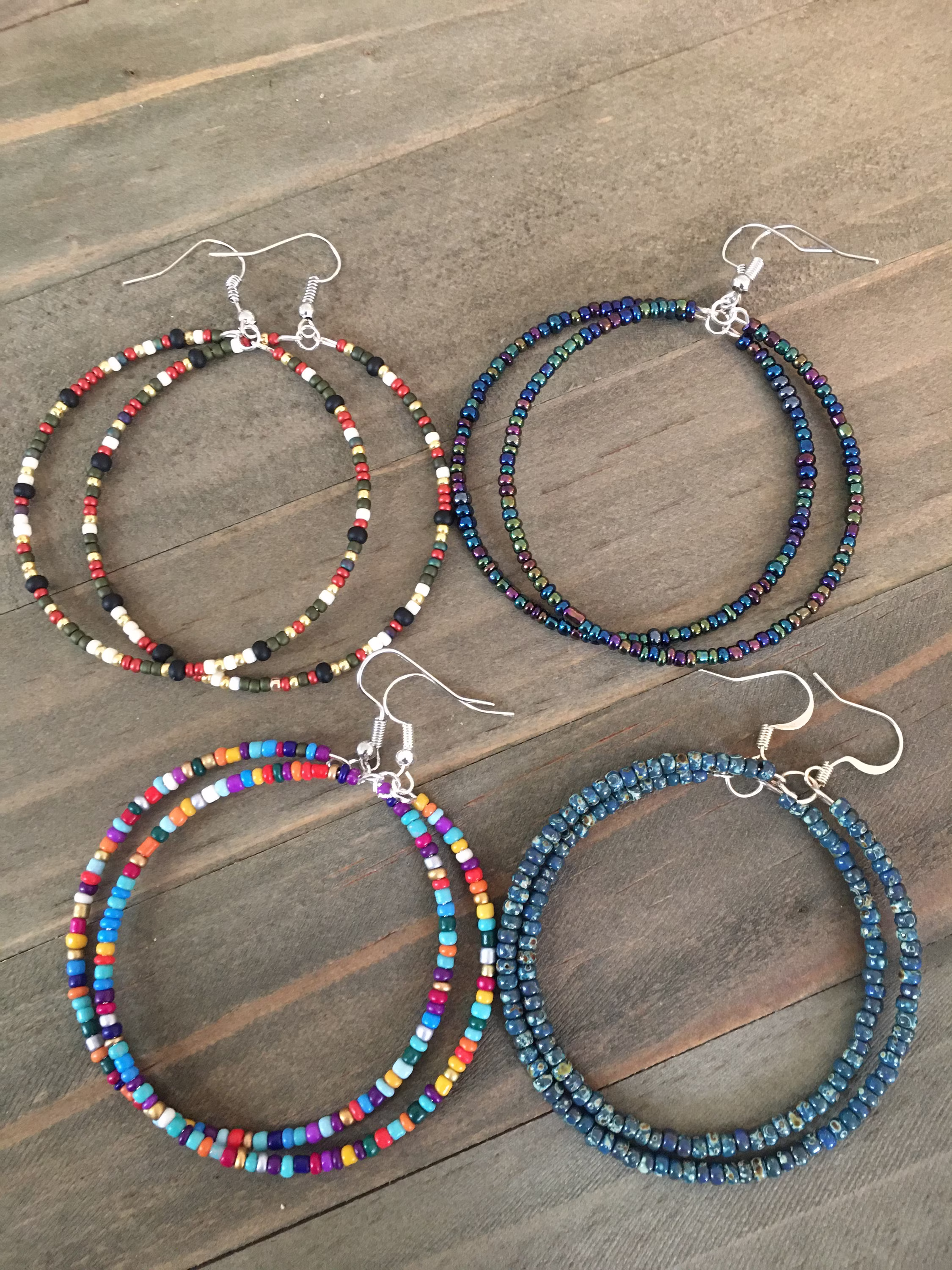 Large Hoop Earrings, Seed Bead Boho Beaded Rainbow Handmade Earrings