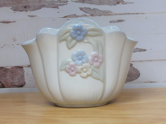 Vintage Planter - 1992 Ftd Floral Arrangement Vase White Ruffled Oval Glass Pot W Pink Blue Yellow Green Pastel Flowers