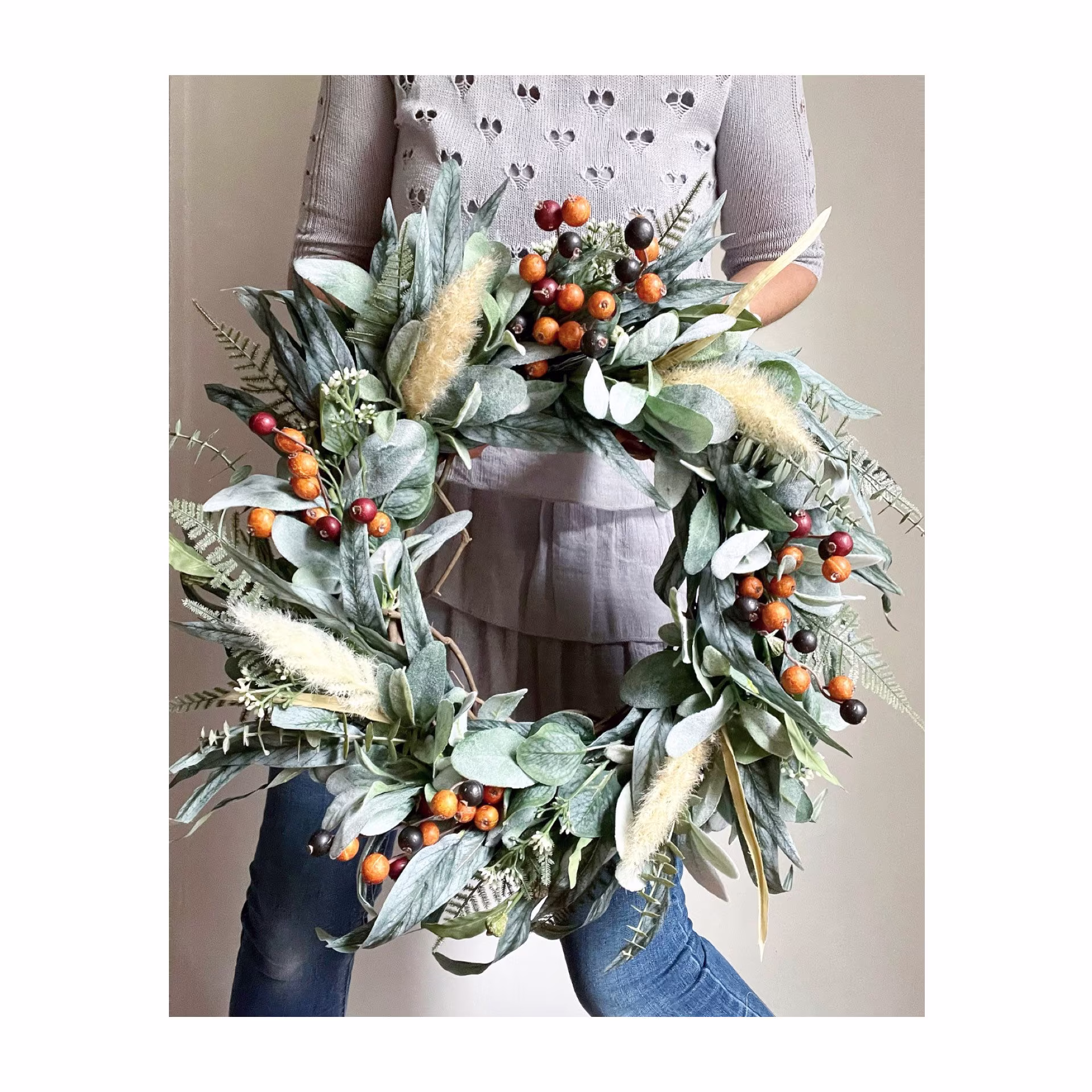 Lamb's Ear Eucalyptus Wreath With Berries & Pampas Gras, Farmhouse Wreath, Fall All Season Boho For Front Door
