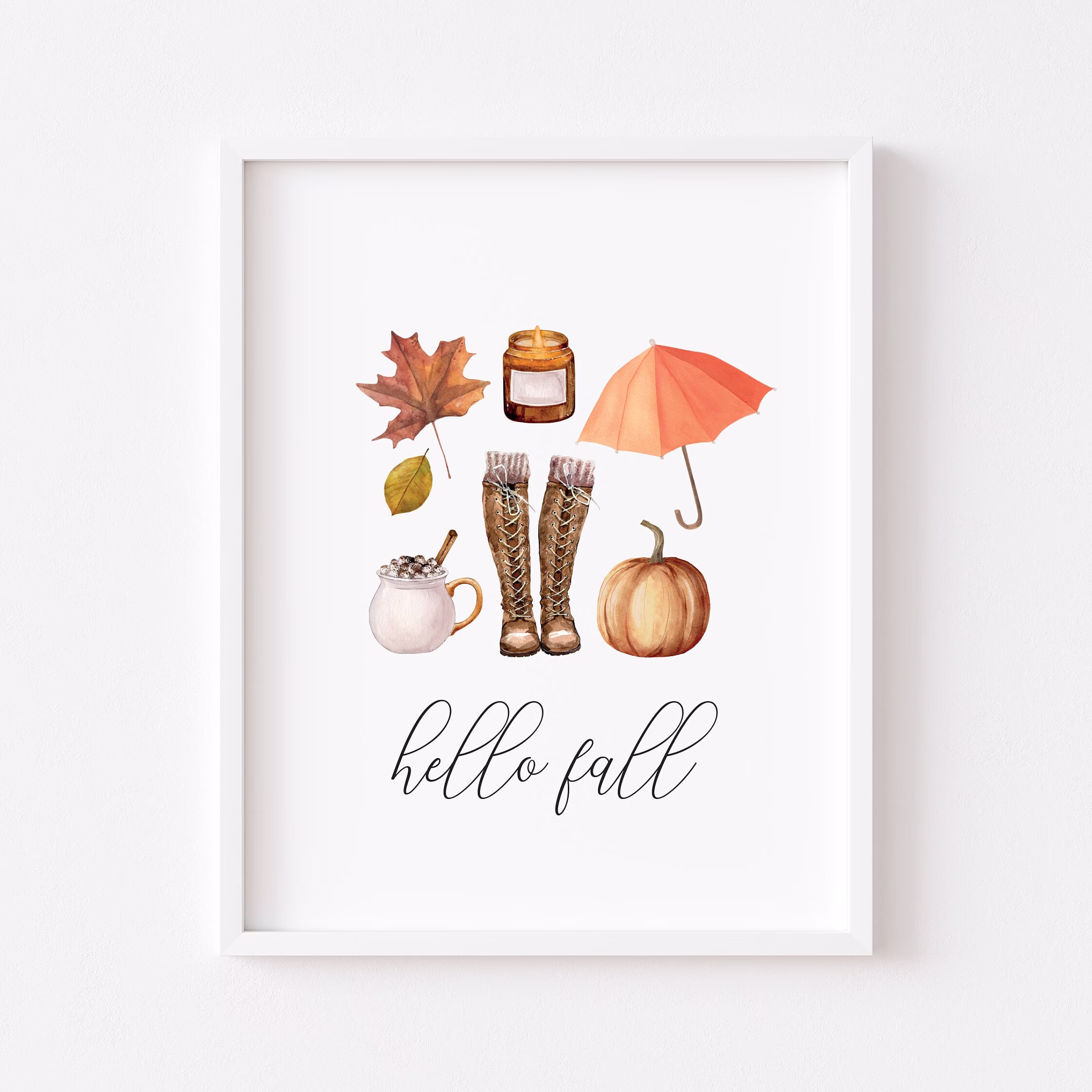 Hello Fall Print Autumn Favourites Design Unframed Print, Landscape+Portrait Options|Wall Art|Seasona||Pumpkin Art|Seasonal Decor|Fall Faves