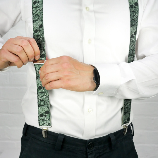 Men's Green Paisley Skull Braces | Unisex Elastic Clip On Novelty Hipster Suspenders For Men Trouser