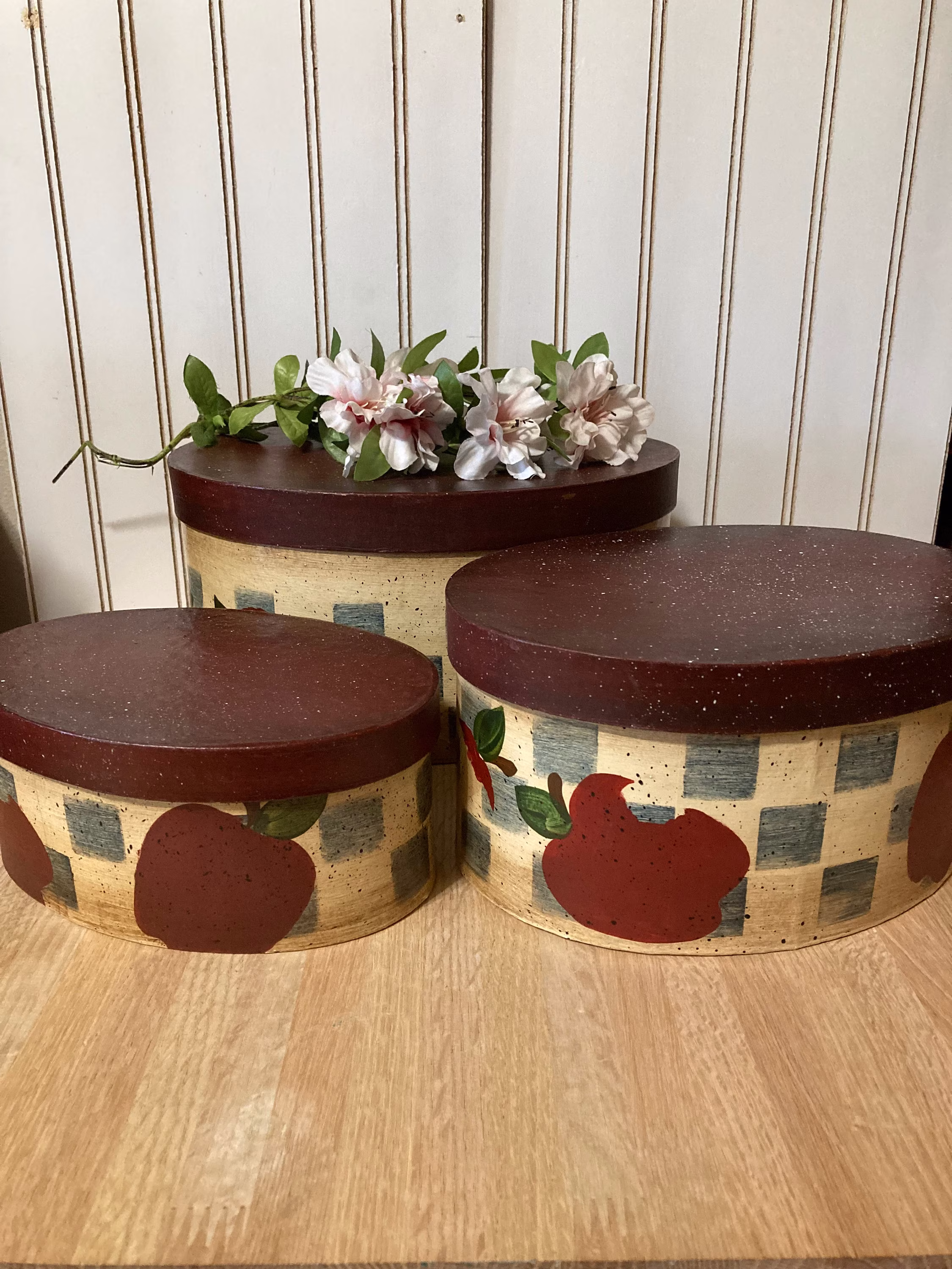 Set Of Three Apple Nesting Storage Boxes - Stacking Country Decor Autumn Red Organization Kitchen Pantry
