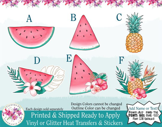 Ds352 Glitter & Vinyl Heat Transfer Htv Iron On Or Sticker Tropical Watercolor Watermelon Pineapple Hibiscus Plumeria Add Name Text