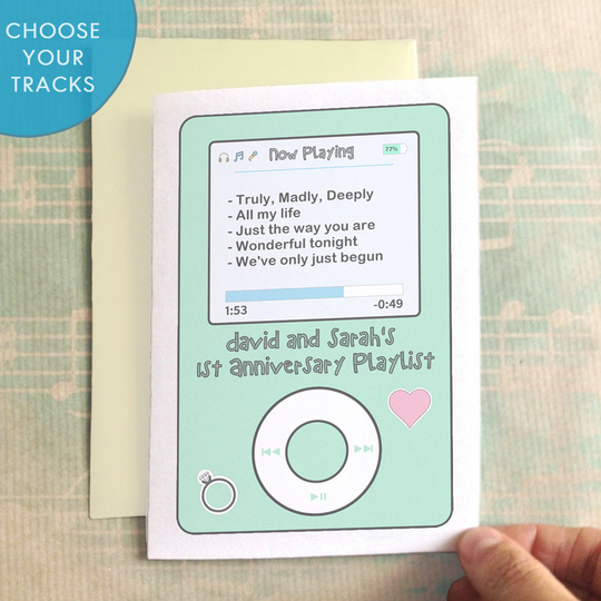 Personalised Playlist Anniversary Card, Powder Blue/Blue/Pink