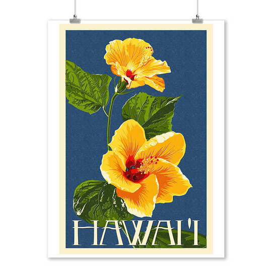Prints, Signs, Hawaii, Yellow Hibiscus Flower Letterpress, Unique Metal Art, Posters, Hang Ready