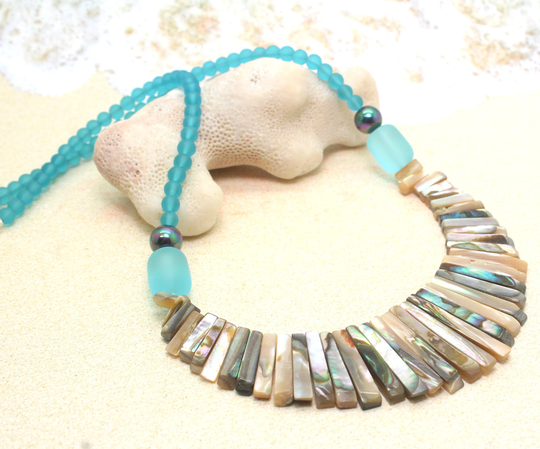 Abalone Necklace With Sea Glass Beads - Shell, Beach Jewelry, Wedding, Shell