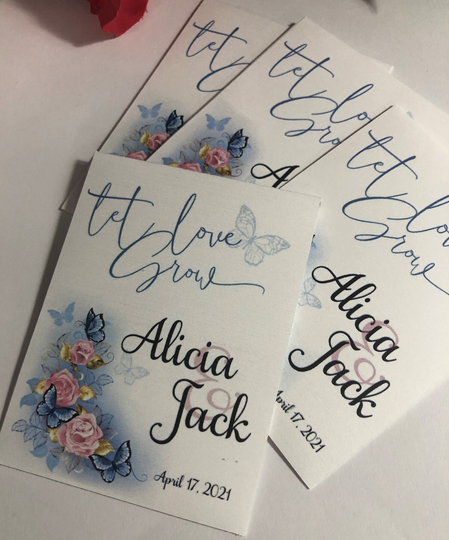 Let Love Grow Butterfly Wedding Seed Favors, Packets, Watercolor Floral, Wildflower Seeds Included, Party Favors