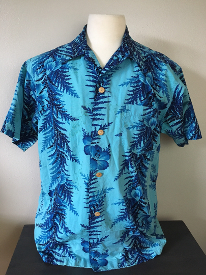 Vintage 1950S Hawaiian Shirt Reef Blue Cotton Tropical Hibiscus Panel Floral Loop Collar Wood Button Down Size L/xlretrocorrect Menswear