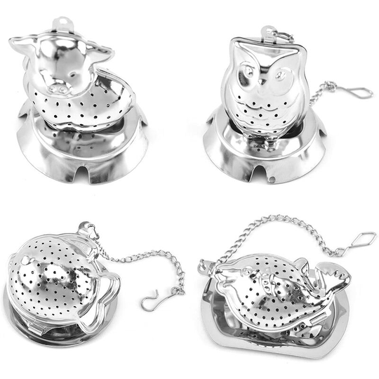 Tea filter, Tea strainer, 4 stainless steel tea infuser, Made of stainless steel, with extended chain hook and small tray, for teacup, teapot (pigs,