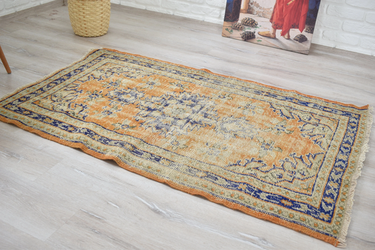 Handmade Rug, Bohemian Distressed Vintage Turkish Small Runner Orange Bathroom Decor, Powder Room Kitchen Rug