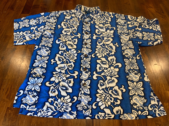 Blue Hawaiian Shirt. Men's Xl. Mango Moon Floral Ukulele Shirt