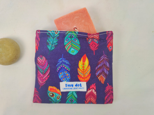 Small Organic Cotton Bag, Waterproof Soap Travel Pouch For Solid Cosmetics, Snack Face Mask Pouch, Colorful Feathers, Zero Waste