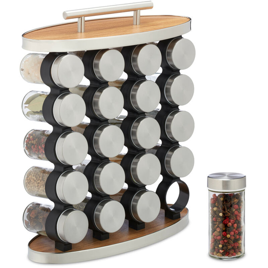 Spice Rack, 20 Glass Jars, Stainless Steel, h x w x d: 35 x 28 x 12 cm, Silver/Natural - Relaxdays