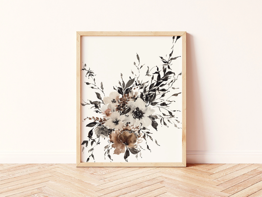 Boho Wall Decor | Watercolor Organic Floral Neutral Brown Black Grey Rust Peony Wedding Bouquet Physical Print Bohemian Living Room