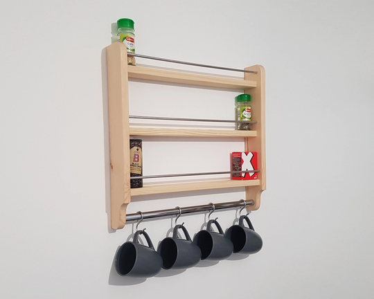 Spice Rack 3 Shelf Wall Mountable Kitchen Storage Cup Mug Utensil Hooks