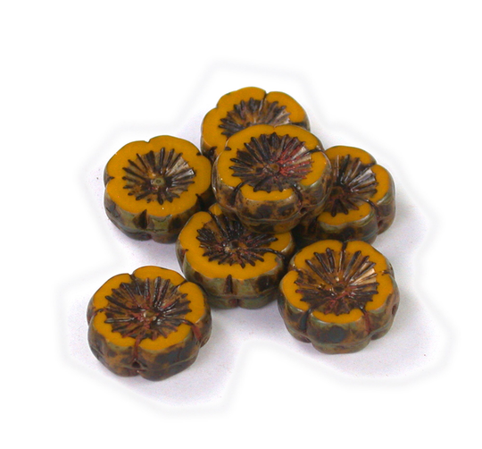 Spicy Mustard Opaque with Golden Brown Picasso Red Decor 14mm Hawaiian Flower Links With Detailed Design. Set Of 4, 6 Or 10
