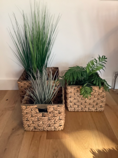 Vintage Set Of 3 Wicker Baskets With Side Handles & Metal Frames, Storage Baskets, Planters