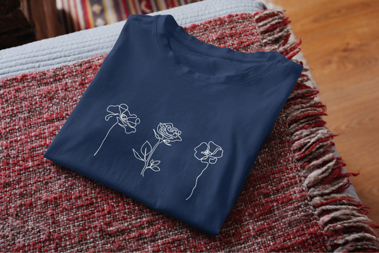 Organic Cotton T-Shirt Flower Pencil Drawing, Sustainable & Fair Made Shirt For Women Men With Line Art Motif