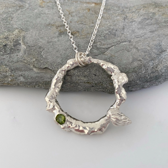 Silver Circle Necklace, Organic Ring Pendant, Tourmaline Silver Shell Unique One Of A Kind Jewellery