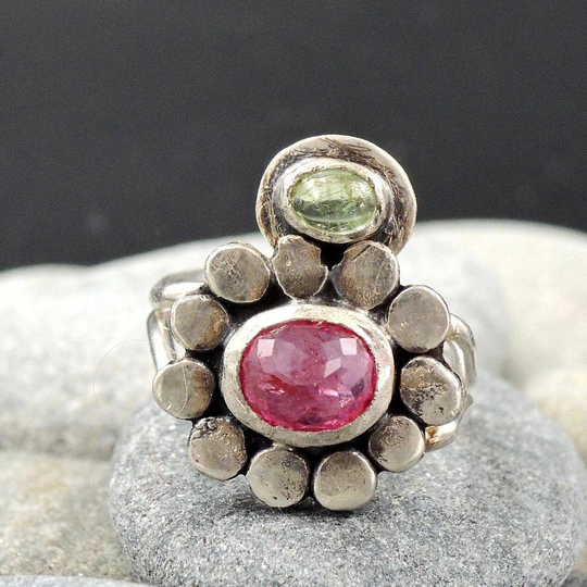 Tourmaline Ring Flower, Organic Silver With Pink Gemstone, Artisan Raw Rustic, Unusual Engagement, Botanical Jewelry Art
