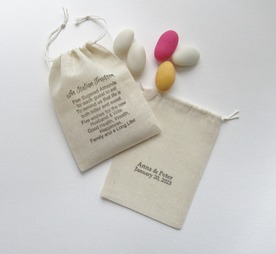 Personalized Wedding Favor Bags, An Italian Tradition Poem, Cotton Drawstring Five Sugared Almonds