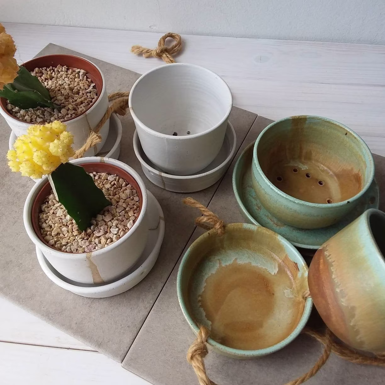Ceramic Planter, Planter With Plate, White Turquoise Plant Pot Holes, Pottery Green Hanging