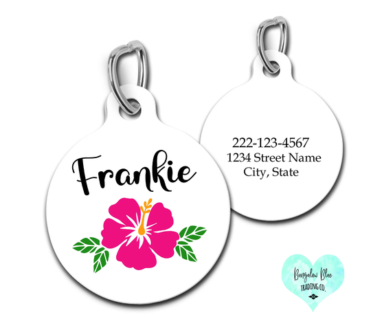 Pink Hibiscus Pet ID Tag, Cute Flower Dog Personalized Tropical Luau ID Tag