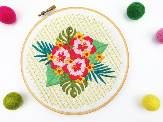 Modern Embroidery Kit, Hibiscus Needlework Tropical Flowers Hoop Art Summer Needle Craft Floral Hand Project