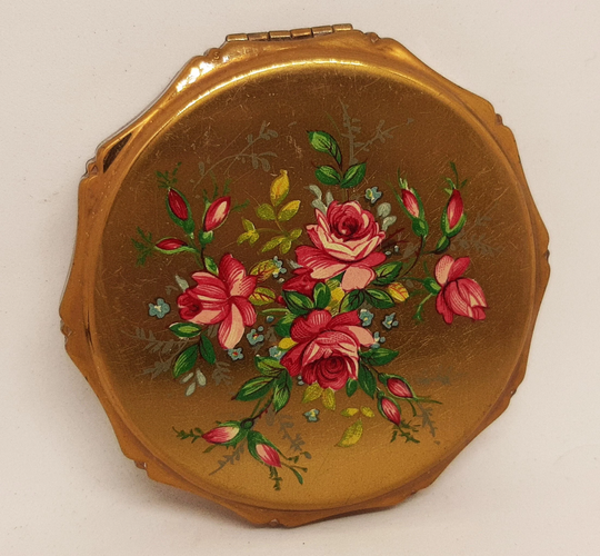 Vintage Kigu Mayfair Powder Compact Pink Rose Spray Goldtone 1950S 60S
