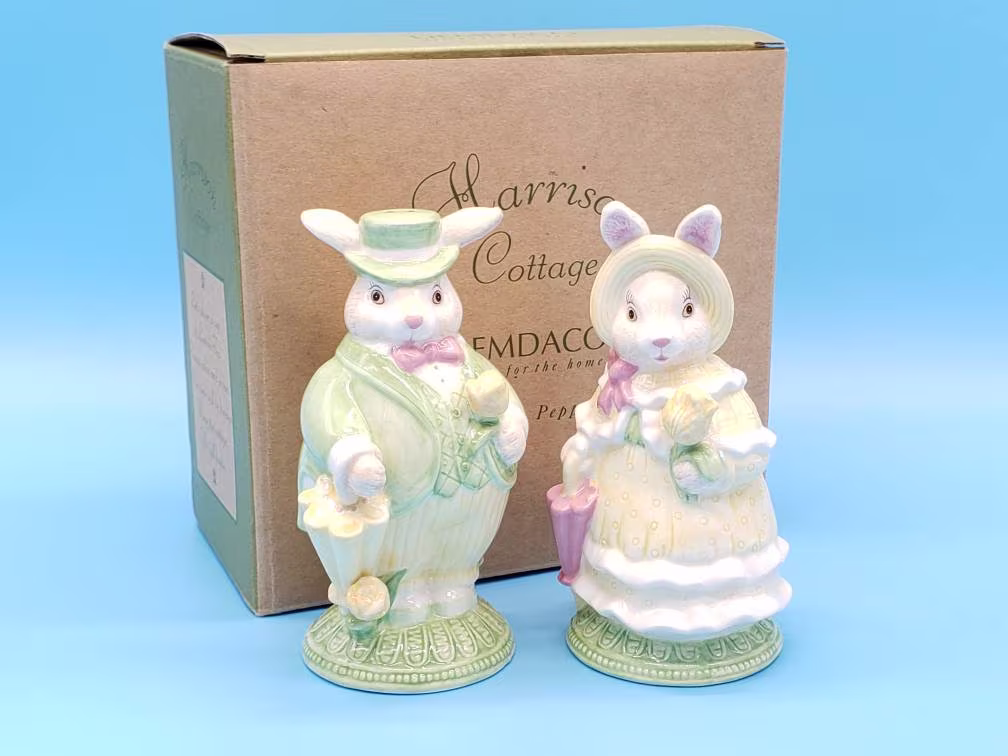 Spring Decor, Easter Bunny Salt & Pepper Set By Tammany Devine, Figurines
