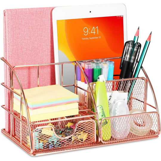 Perle Rare - Storage Desk Organizer, Metal Desktop Organizer Stationery Organizer Pencil Pot Pen Holder with Sliding Drawer for Home School Office
