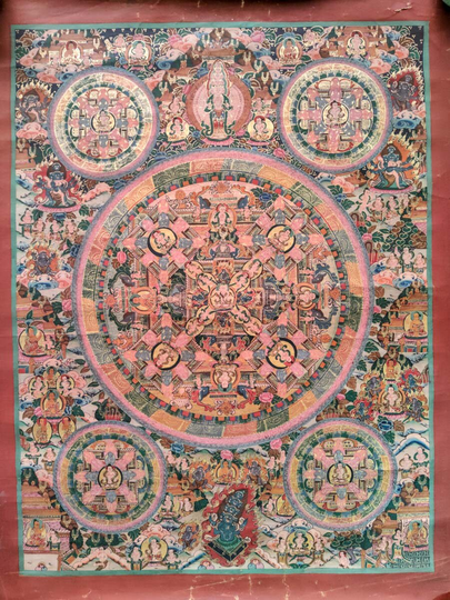 Seasonal Sale -Tibetan Thangka Old Painting - 5 Buddha Mandala For Spirituality & Meditation Hand Antique Art