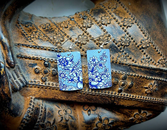 Recycled Vintage Lightweight Powder Blue Tin Earrings 925 Sterling Silver Ear Wires. Valentines Gift. Mothers Day Gift
