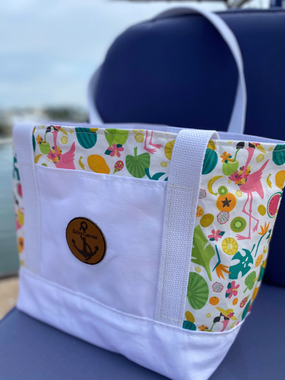 Flamingo Party Tropical Drinks & Organic White Canvas Small Tote/Beach Bag W/Waterproof Lining