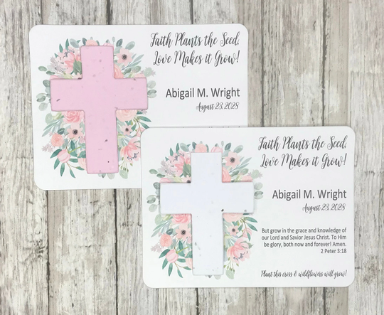 Plantable Seed Paper Cross Watercolor Pink Flowers Baptism Favors Set Of 12 - First Communion, Baby Dedication Cards Eco-Friendly