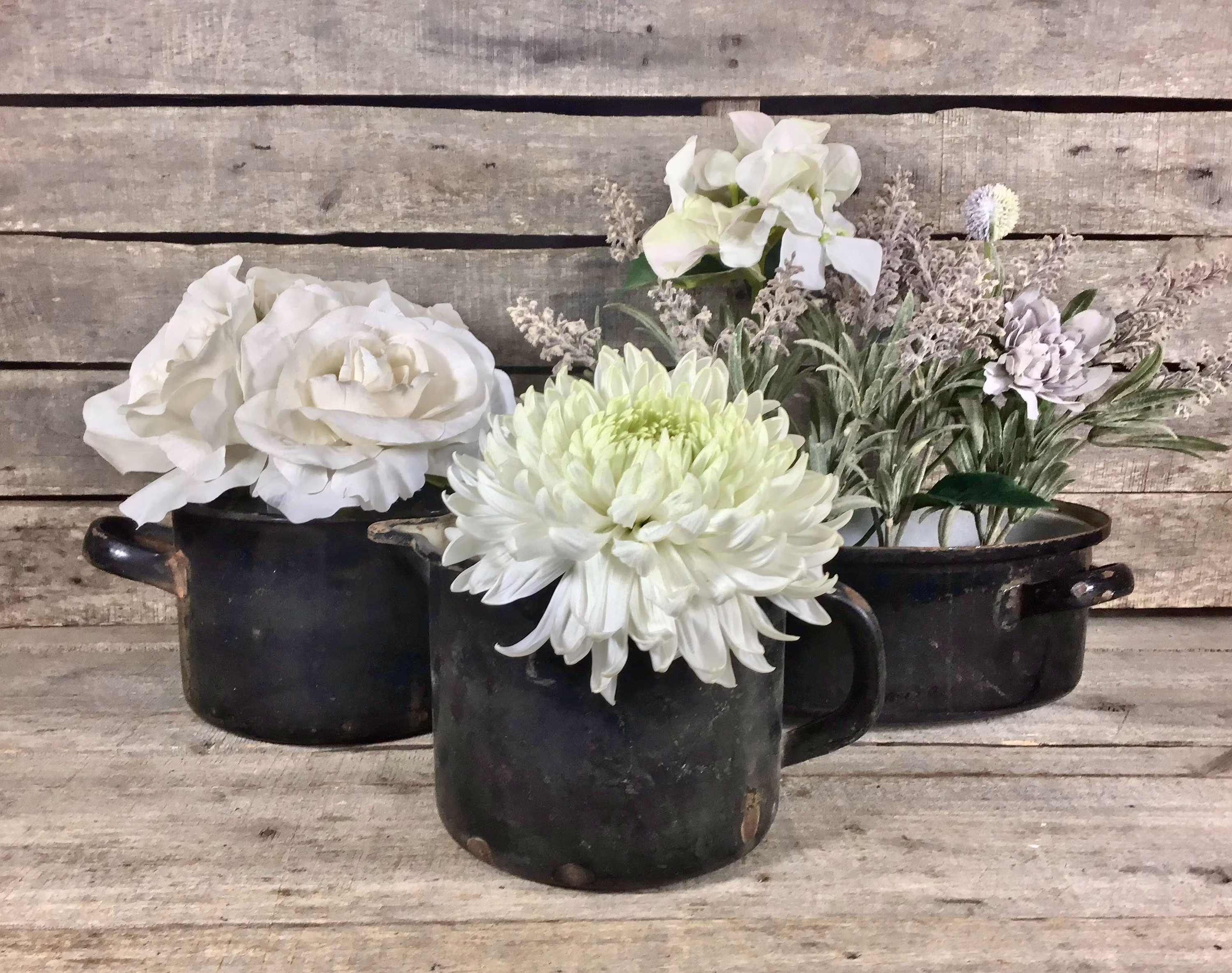 3 Vintage Porcelain Pots Enamelware W Rust, Black, Garden, Plant Pots, Quality, Heavy, Indoor Outdoor, Metal