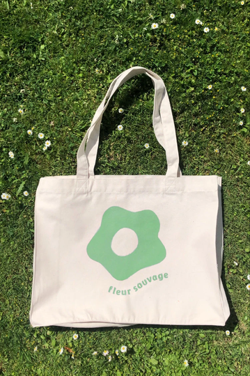 Recycled Organic Cotton Xl Tote Bag Shopper | Minimalist Flowers Graphic Eco Friendly Print Fleur Sauvage Natural Green Pop